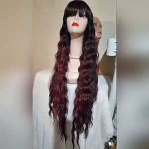 Long Wavy Burgundy and Black Women's Wig with Bangs Human Hair Blend Wig